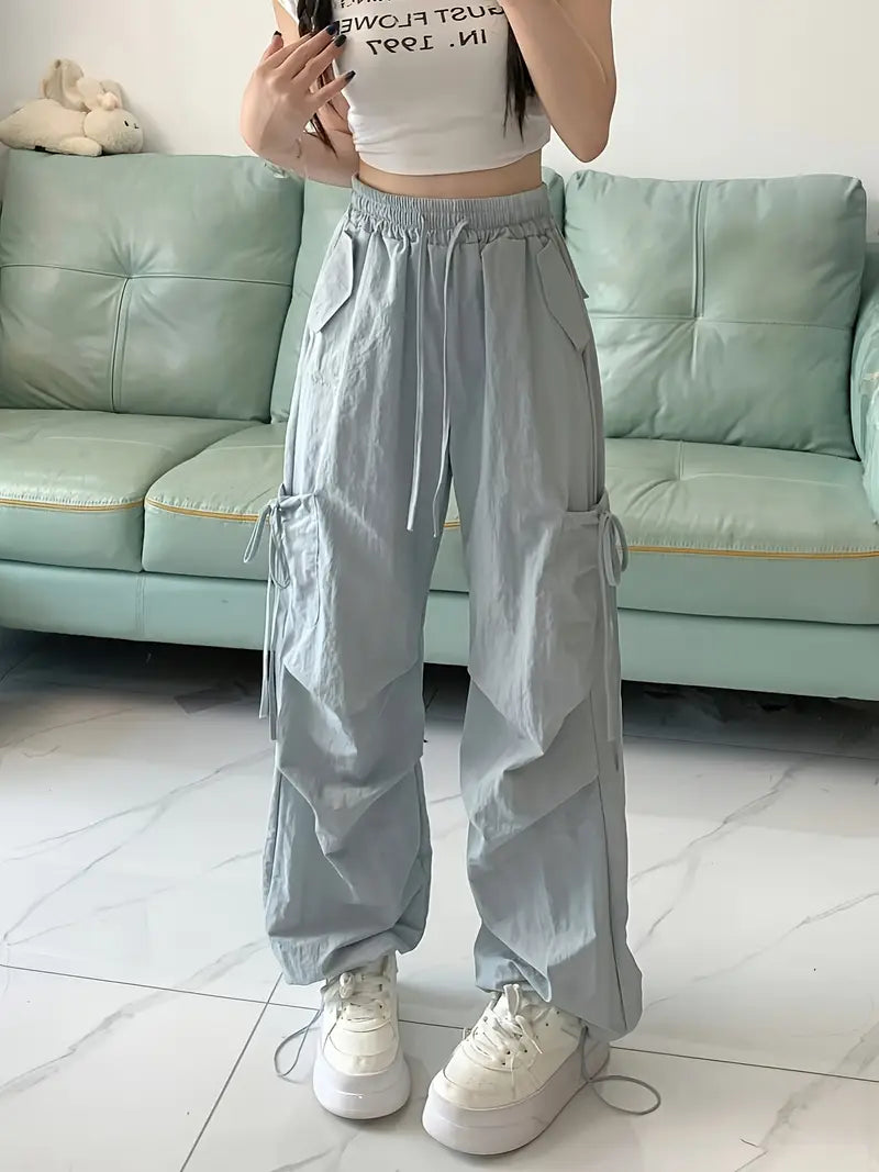 Lightweight Women's Cargo Pants - Adjustable Drawstring Waist, All-Season Work Pants with Straight Leg Fit, Non-Bulky for Everyday