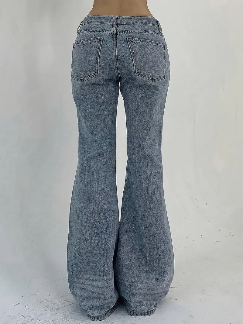 Women'S Elegant Stretch Denim Flare Jeans - Slim Fit Low-Rise Wide-Leg Pants with Pockets, Zipper Closure & Button Detail, Light Blue Washed Finish for Spring Summer Fall Casual & Evening Outfits, Seasonal Fashion, Medium Elasticity