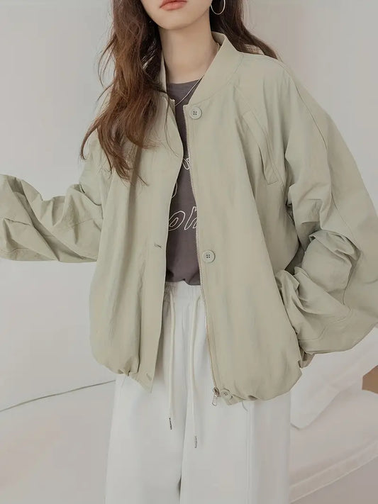 Floral Lantern Sleeve Loose Fit Baseball Jacket Casual Sport Short Coat
