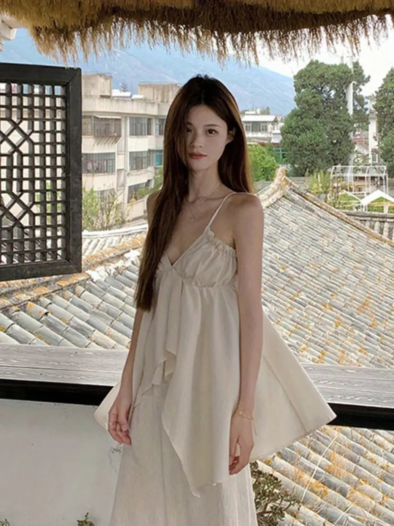 Women'S Ruffled V-Neck Asymmetrical Top Spaghetti Strap Cute Vest Gentle And Elegant Camisole