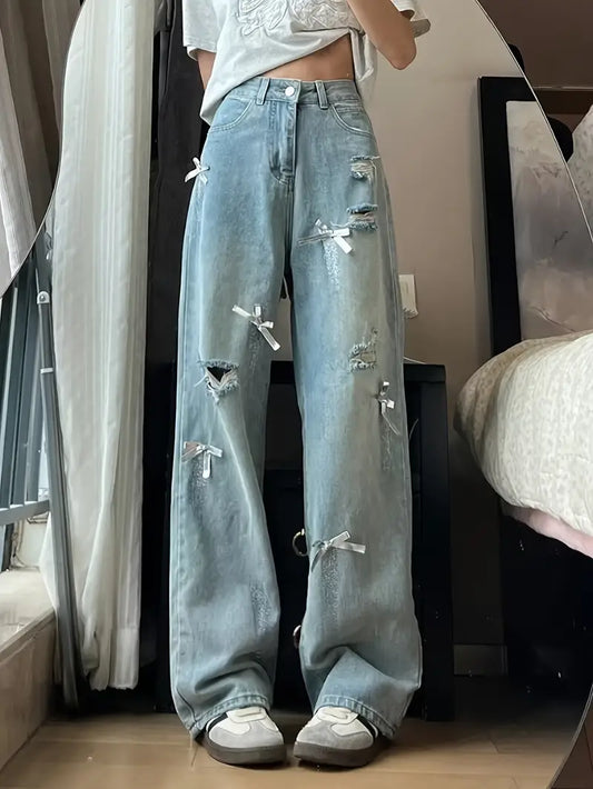 Retro Blue Distressed Women'S Jeans - High-Rise Loose Straight Cut, Frayed Hem Design, Casual 90s Style & Long Flow Y2K Denim Pants, All-Season Comfort, High Waist Jeans, Everyday Fashion, Durable Fabric