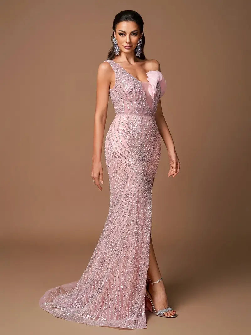 Elegant Women's Asymmetric One-Shoulder Sequin Evening Gown with High Slit - Mermaid Train Long Dress for Weddings, Galas & Proms, Hand Wash Only, Spring/Summer Formal Attire