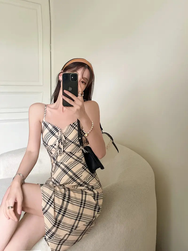 Women's Beige & Black Checkered A-Line mini dress - Adjustable front tie-up, non-stretch pencil skirt for party, date, vacation - Elegant Women's Formal & Casual Outfits, Summer Fashion, Fitted Silhouette, Lightweight Fabric, Trendy Women