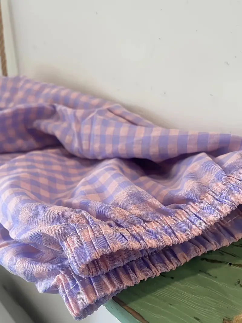 Women'S Light Purple Gingham Check Flared Shorts - Casual Summer Wide-Leg Pants with Elastic Waist, Loose Fit for Comfortable Home Wear, Comfortable Clothing | Relaxed Fit Shorts | Glossy Fabric Shorts