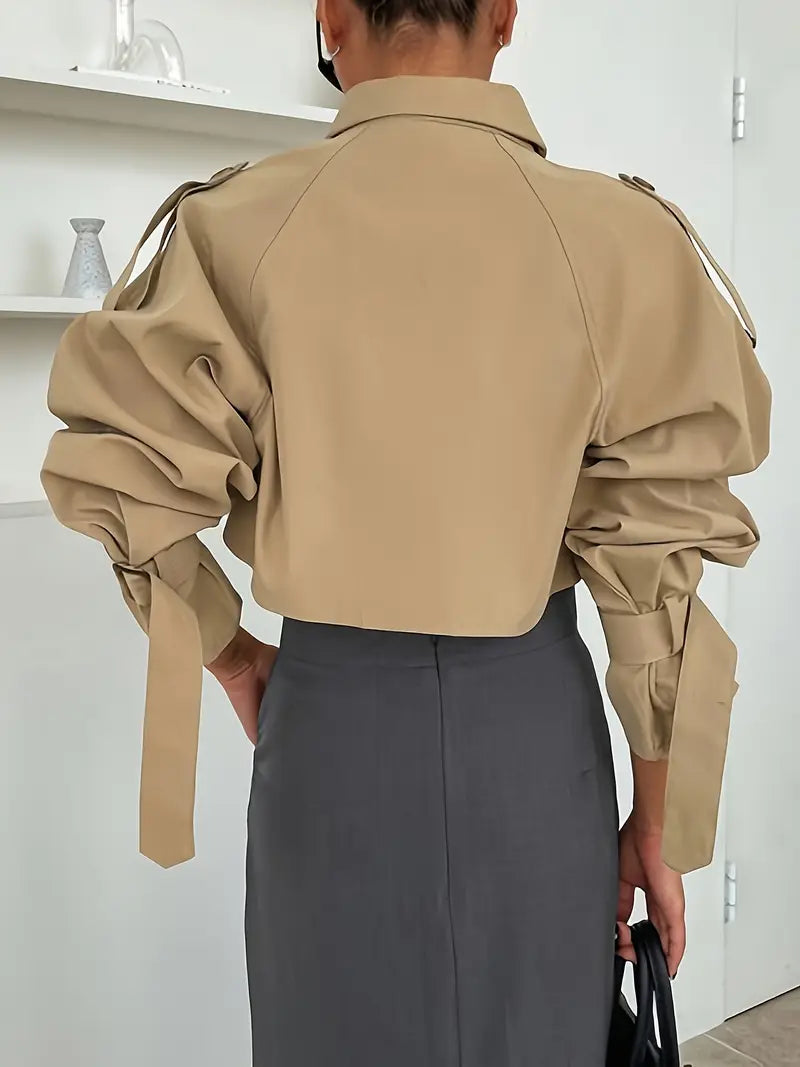 Women's Casual Short Windbreaker Jacket with Buckle-Fitted Shoulder Sleeves & Epaulets - Machine Washable, All-Season Versatile Outerwear for Everyday & Formal Wear, Double Breasted Design, Elegant Design Detail