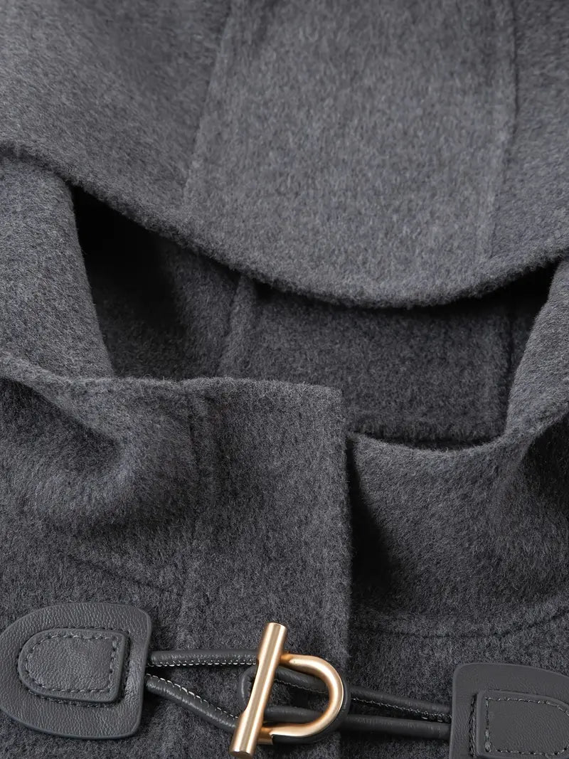 Winter Tweed Coat - Middle Eastern-Inspired Hooded Dual-Sided Breasted Wide H-Line Cut, Mid-Length Fall Shoulder Sleeves, Solid Color Elegant Special Collection Coat for Cold Weather, Stylish Streetwear, Quality Tailoring, No Stretch Fabric