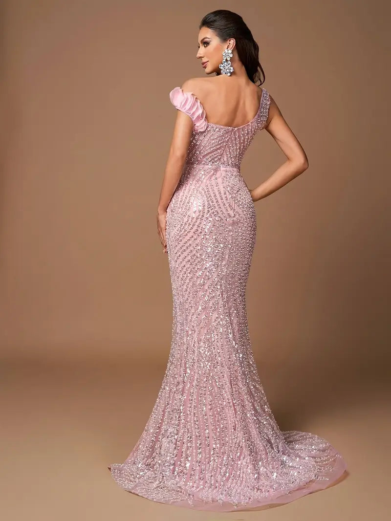 Elegant Women's Asymmetric One-Shoulder Sequin Evening Gown with High Slit - Mermaid Train Long Dress for Weddings, Galas & Proms, Hand Wash Only, Spring/Summer Formal Attire