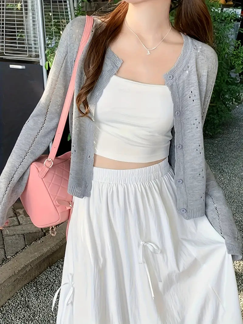 Elegant Lightweight Women's Button-Up Cardigan | Long Sleeve Open Front Sweater with Round Neck, Solid Color Spring/Summer Layering Piece for Casual or Dressy Outfits, Cute Sweater
