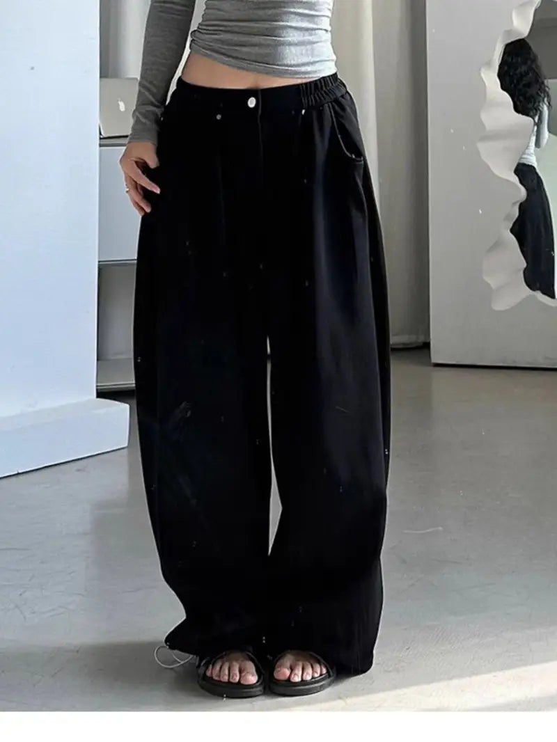 Women'S Casual Wide-Leg Flare Pants - Loose Fit, Non-Stretch Fabric, Solid Black, Summer & Autumn Comfort, Perfect for Casual Attire, Comfortable | Relaxed Fit Pants | Nonstretch Fabric