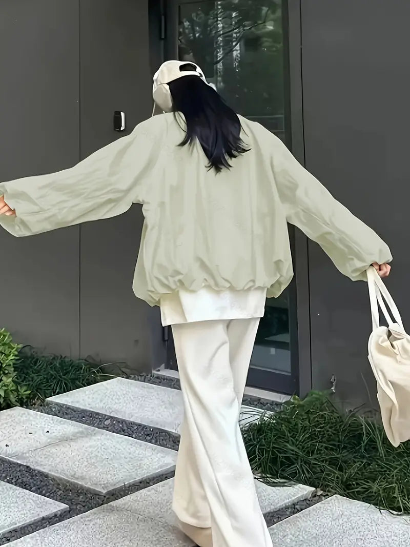 Floral Lantern Sleeve Loose Fit Baseball Jacket Casual Sport Short Coat