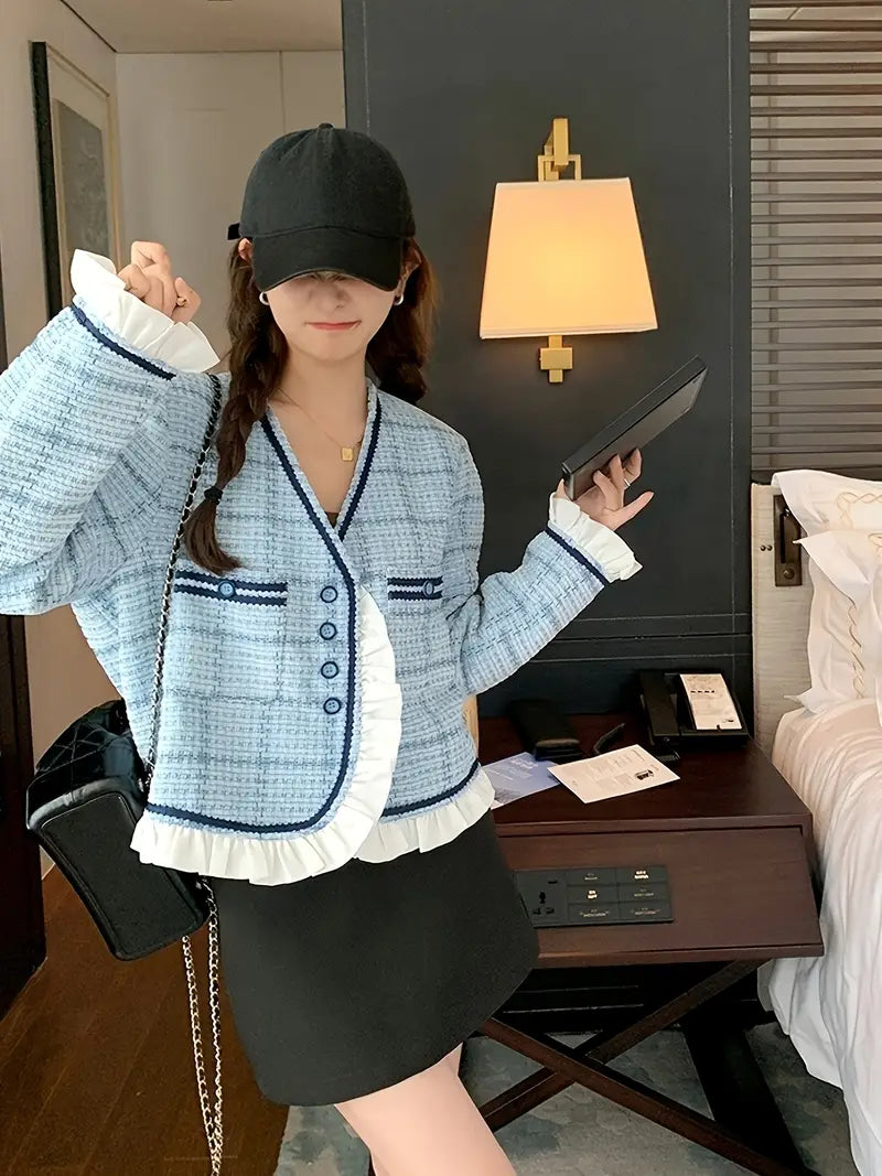 Chic Light Blue Tweed Blazer for Women - Stylish Short Jacket with Ruffle Trim, Button Front, Long Sleeves, and Round Collar - Perfect for Spring & Fall, Autumn Stylish Outfit | Princess Sleeve Jacket | Tailored Fit Blazer