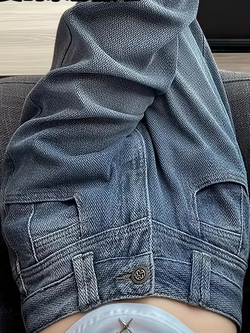 Retro Blue Distressed Women's High-Rise Loose Straight Cut Jeans - Frayed Hem Y2K 90s Style Denim Pants, Machine Washable Casual All-Season Comfort