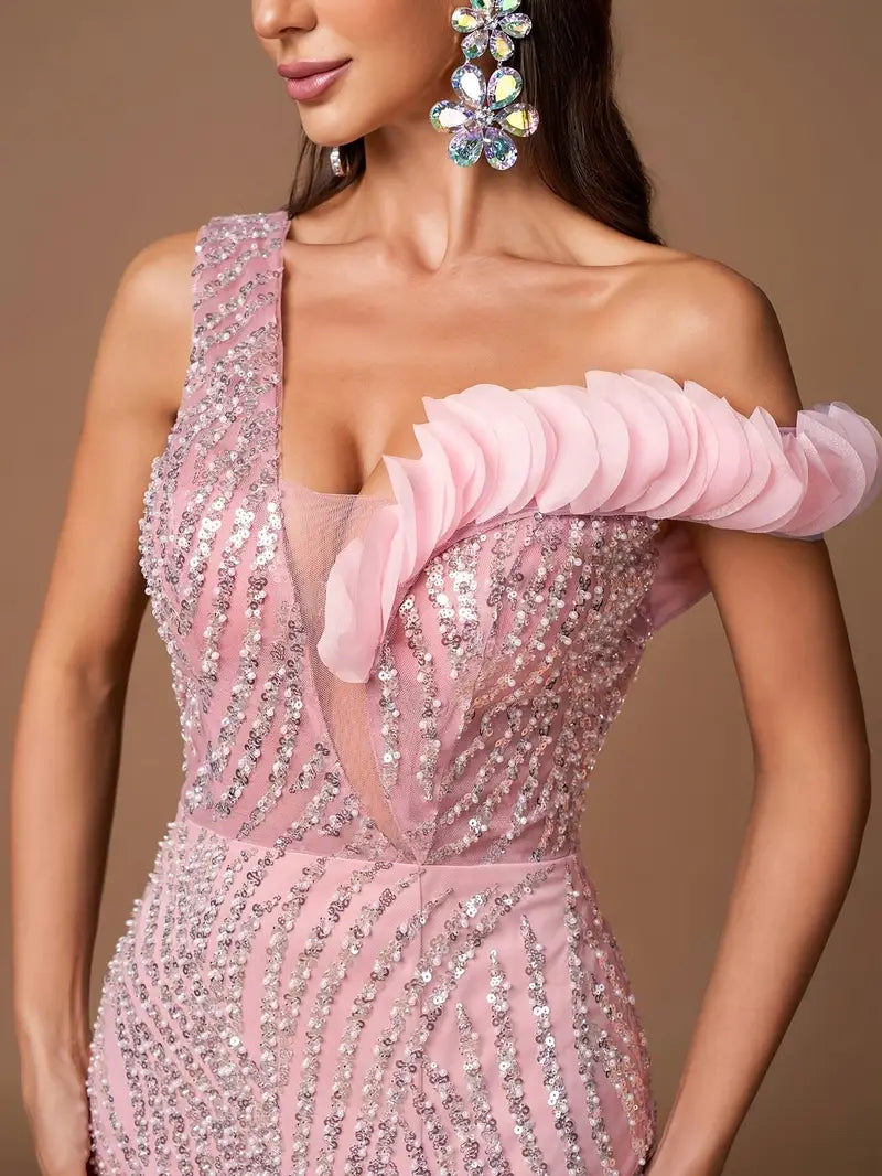Elegant Women's Asymmetric One-Shoulder Sequin Evening Gown with High Slit - Mermaid Train Long Dress for Weddings, Galas & Proms, Hand Wash Only, Spring/Summer Formal Attire