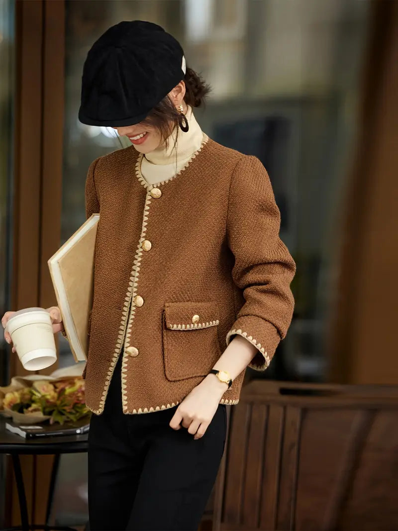 1pc XWI Elegant Polyester Knit Cardigan - Women'S Color Block Long Sleeve Casual Jacket with Contrast Binding, Single Breasted Placket, Non-Stretch Fabric for Fall/Winter Outings