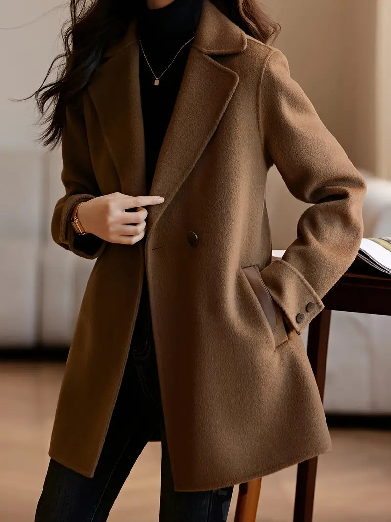 Women's 100% Wool Winter Coat - Handcrafted Double-Breasted Notch Lapel Trench Coat with Adjustable Waist Belt, H-Silhouette Regular Fit, Solid Color Elegant Office & Casual Outerwear