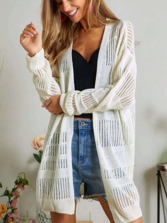 Womens Casual Open Front Cardigan Boho Chic Geometric Knit Pattern Lightweight Sweater Modern Loose Fit Long Length White Chunky Hollow Out Design Spring Fall Outerwear Summer Beach Cover Up Party Daily Wear