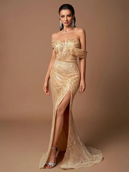 Elegant Off-Shoulder Sequin Gown - Golden, Floor-Length, Sleeveless, Fitted, High-Slit Design with Contrast Detail, Perfect for Adult Evening Events, Formal Attire|Sequin Embellished Dress|Sleek Fit, Dress