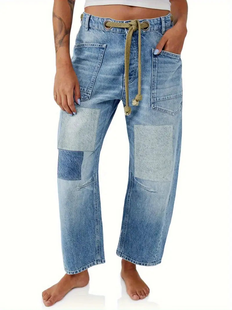 Women'S Boyfriend Jeans-like Pants - Loose Fit Spaghetti Strap Trousers with Drawstring Waist, All-Season Casual Pants for Everyday & Formal Outfits, Non-Stretchy Structured Legs