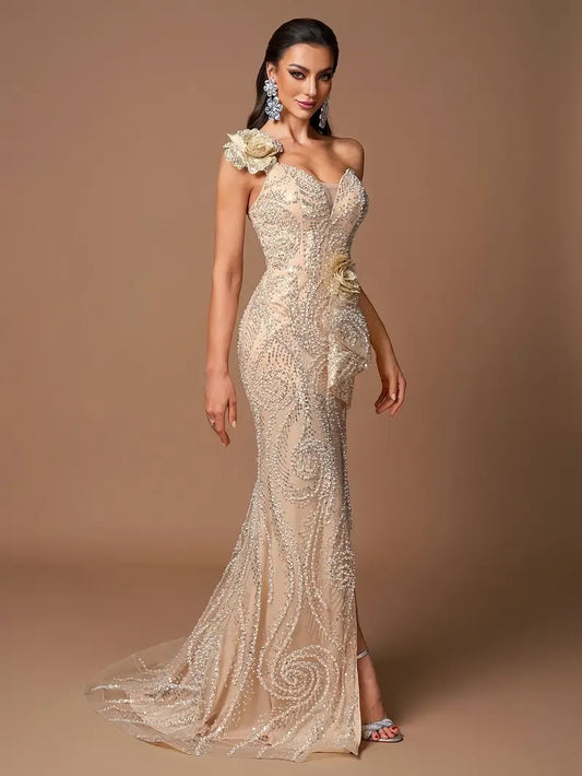 Elegant One-Shoulder Evening Gown with Hand-Embellished 3D Floral Detailing & Sequin Skirt - Long Sleeveless Formal Dress for Women, Fitted Mermaid Silhouette, Super Long Length, Hand Wash Only