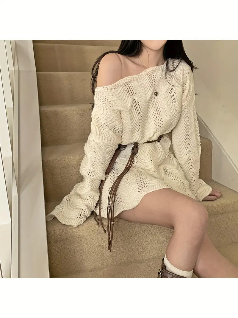 Asymmetrical Shoulder Design Dress with Belt, Loose Fit Versatile Skirt for Women