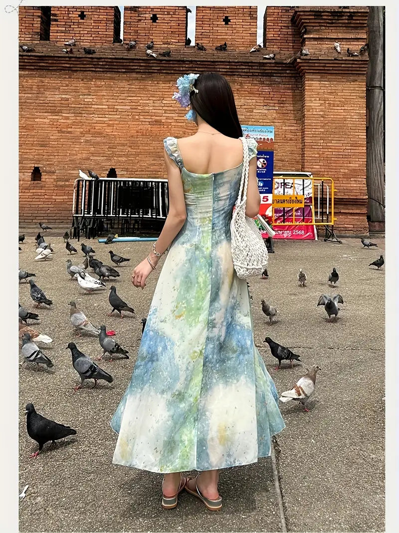 Women'S Floral beach dress - Flowy maxi gown with spaghetti straps, Formal casual event party Outfit - Elegant Floral print in Green/Blue/Beige