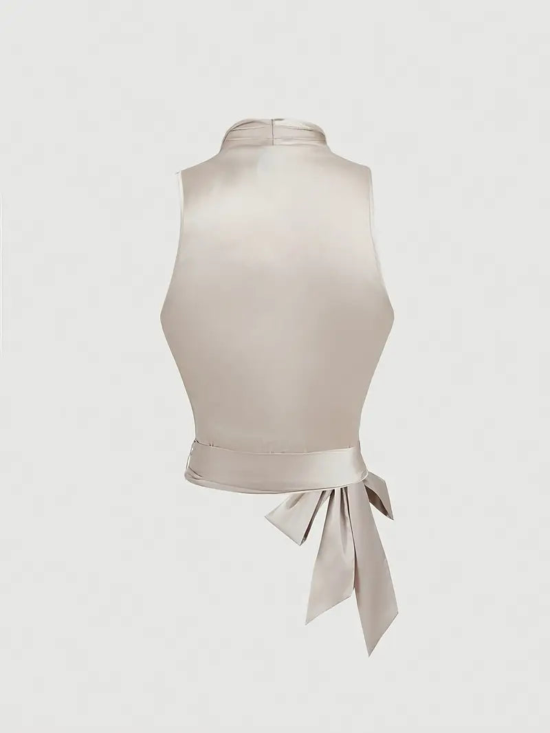 Y100- Spring/Summer Elegant New French Retro Apricot Sleeveless Asymmetrical Hem V-Neck Bow Decoration, Embellishment, Body Shaping Fashion Vest, Music Festival Top, Party Top, Daily Top, Love-Filled Top -LL425