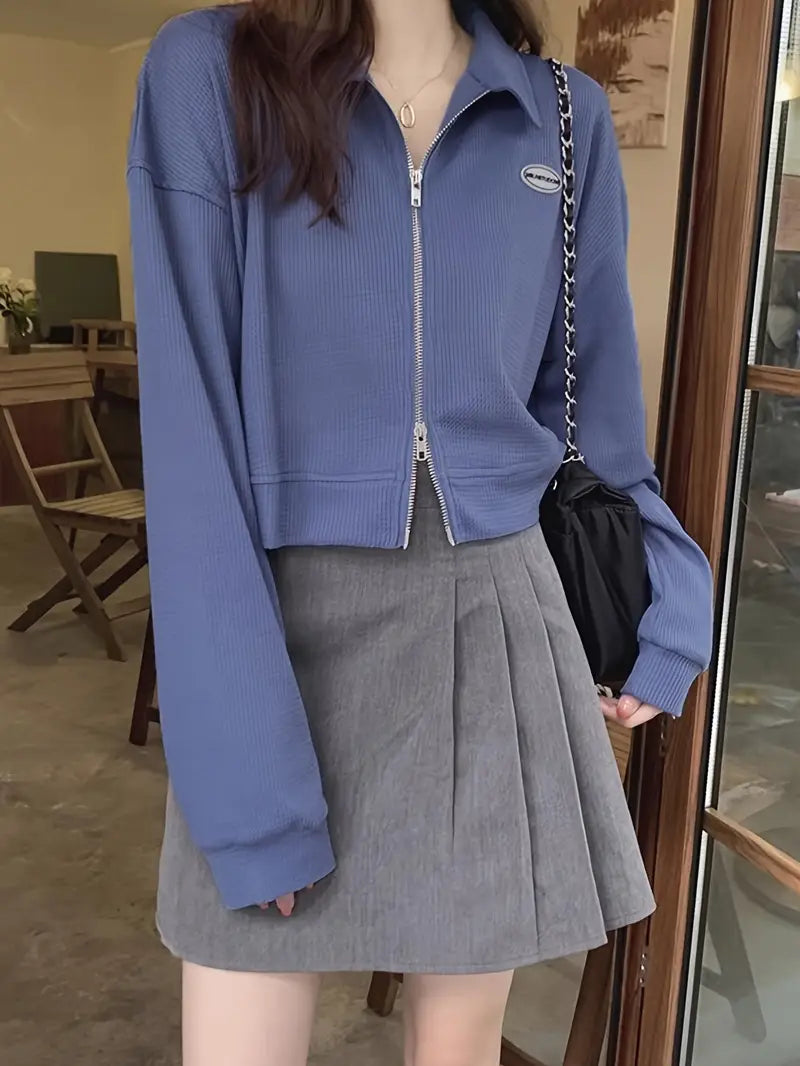 Timeless Appeal, Women's Fashion Long Sleeve Zipper Jacket, Korean Style Retro Versatile Loose-Fit Short Collar Top
