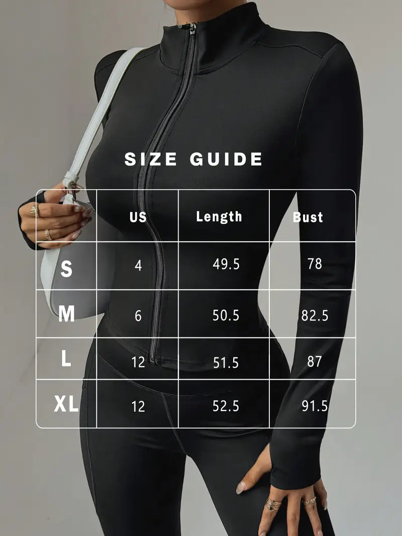Women'S Black Long Sleeve Slim-Fit Jacket - Zippered Full-Open Design, Stand Collar, All-Season & Top for, Studio, Casual Wear, Sleek, Smooth Texture