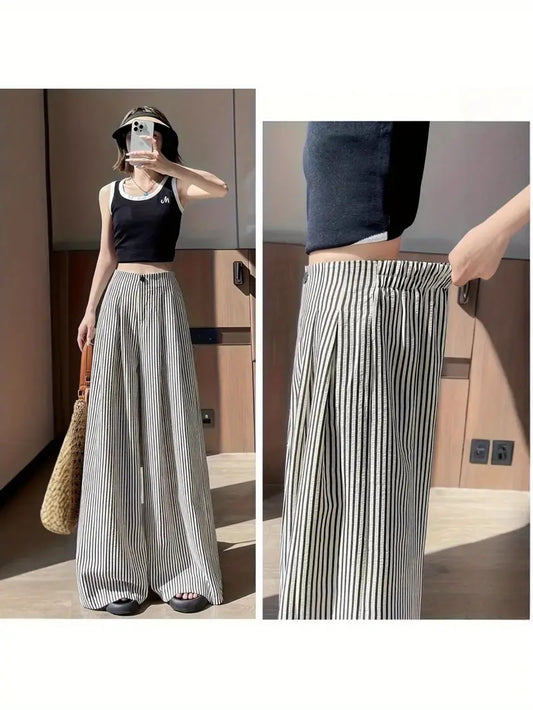 Women's Japanese Style Striped Dress Pants - High-Waist Straight Leg Trousers with Wide-Leg Fit, Black & White Horizontal Stripes - Elegant Drape Fabric for Work, Casual & Semi-Formal Outfits