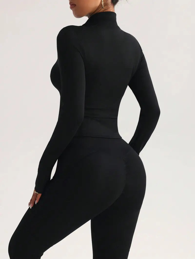 Women'S Black Long Sleeve Slim-Fit Jacket - Zippered Full-Open Design, Stand Collar, All-Season & Top for, Studio, Casual Wear, Sleek, Smooth Texture