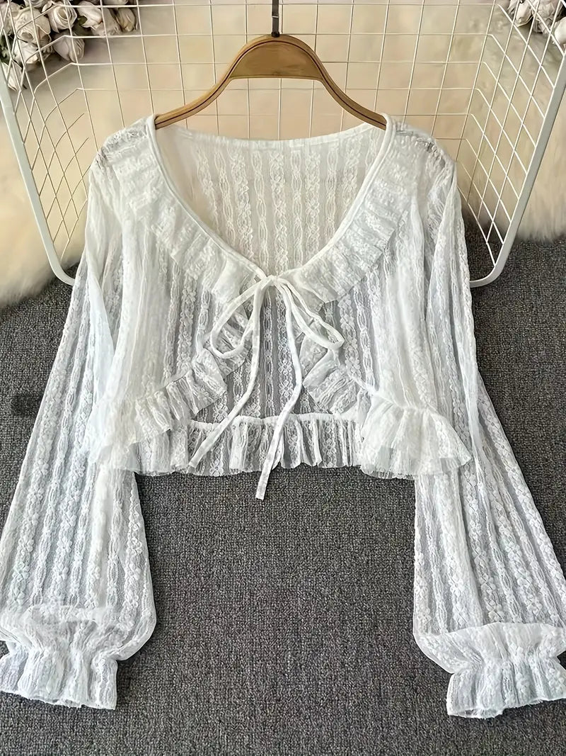 Women'S Lightweight V-Neck Cardigan - Long Sleeve, Button-Up Front, Ruffled Hem, Casual Fall/Winter Layering Piece, Solid White, Machine Washable, Casual Wear Cardigan | Vneck Design | Texture