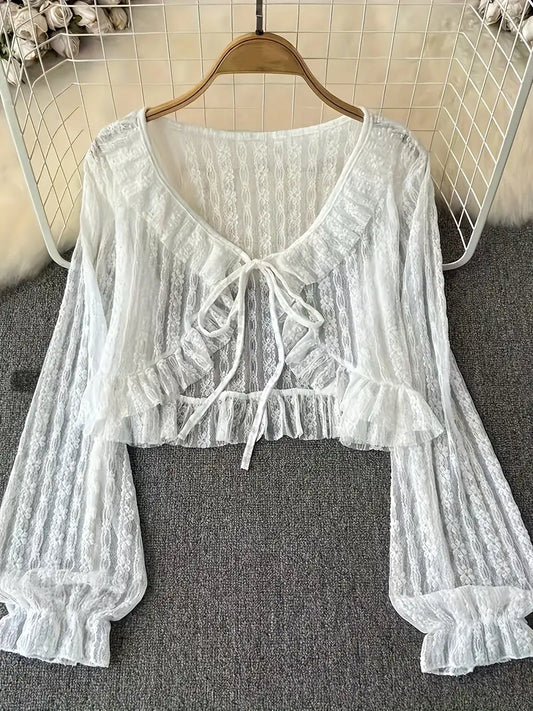 Women'S Lightweight V-Neck Cardigan - Long Sleeve, Button-Up Front, Ruffled Hem, Casual Fall/Winter Layering Piece, Solid White, Machine Washable, Casual Wear Cardigan | Vneck Design | Texture