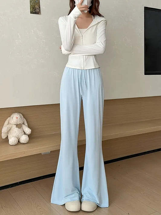 Women's Bell Bottom Pants - Slim Fit Ruching Detail Wide-Leg Trousers with Adjustable Drawstring Waist, Breathable Lightweight Fabric for Spring/Summer Casual Outings (Elegant Collection), Summer Clothing, Comfortable Wear