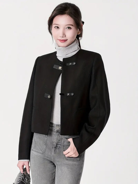 Women's Cashmere-Infused Elegant Black Coat - Tailored Winter Jacket with Structured Shoulders, Dry Clean Only, Solid Color Design for Fall & Winter, Casual Chic Outerwear