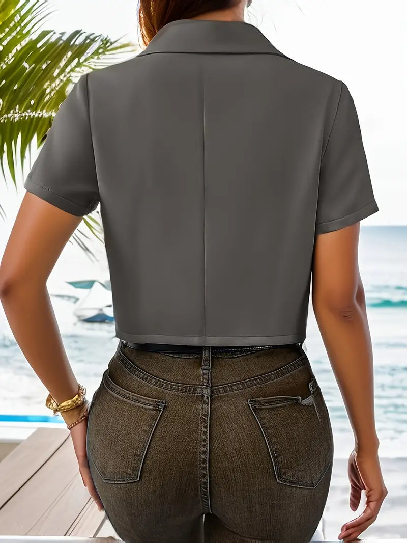 Chic Light Gray Women's Crop Blazer | Lapel Collar, Single Button, Versatile Office & Casual Wear for Spring/Fall - Seasonal Outerwear, Sophisticated Look, Structured Design