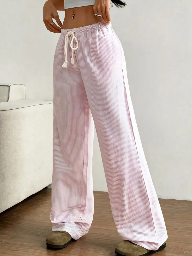 Women'S Low-Rise Pink Drawstring Straight-Leg Pants - Casual Loose Fit, Wide Waistband, Lightweight Polyester for Spring & Summer Outings, Home Wear Pants | Natural Waistband Pants | Comfortable Fit