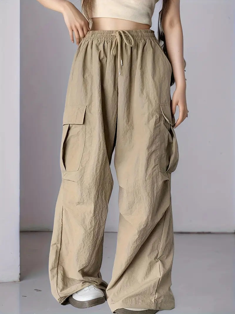 Women'S Khaki Cargo Pants - Durable Non-Stretch Fabric, Machine Washable All-Season Comfort with Functional Pockets & Adjustable Drawstring Waist, High-Neck Design for Outdoor & Casual Wear, Functional Fashion, Practical Pockets