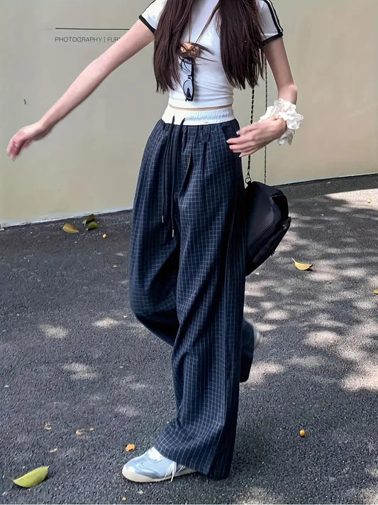 Women's Retro Checkerboard Casual Wide Leg Pants - High Waisted Loose Fit Lightweight Breathable Summer Trousers with Pockets, Straight Leg Geometric Pattern for Outdoor & Casual Attire, Relaxed Outfit, Vintage Aesthetic