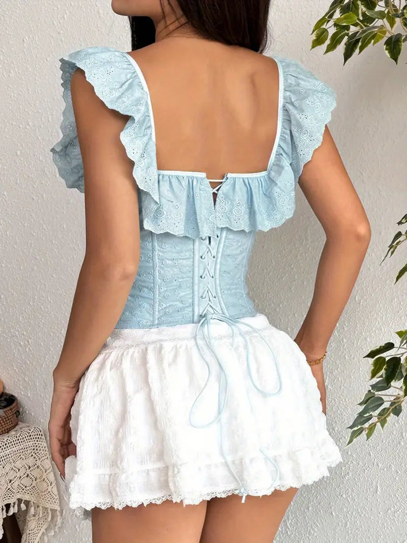 Women'S Off-Shoulder Ruffle Trim Sleeveless Top - Breathable Stretchy Summer Blouse with Eyelet Hook & Button Front, Adjustable Drawstring Back, Versatile Casual to Party Wear, Solid Color Short Length