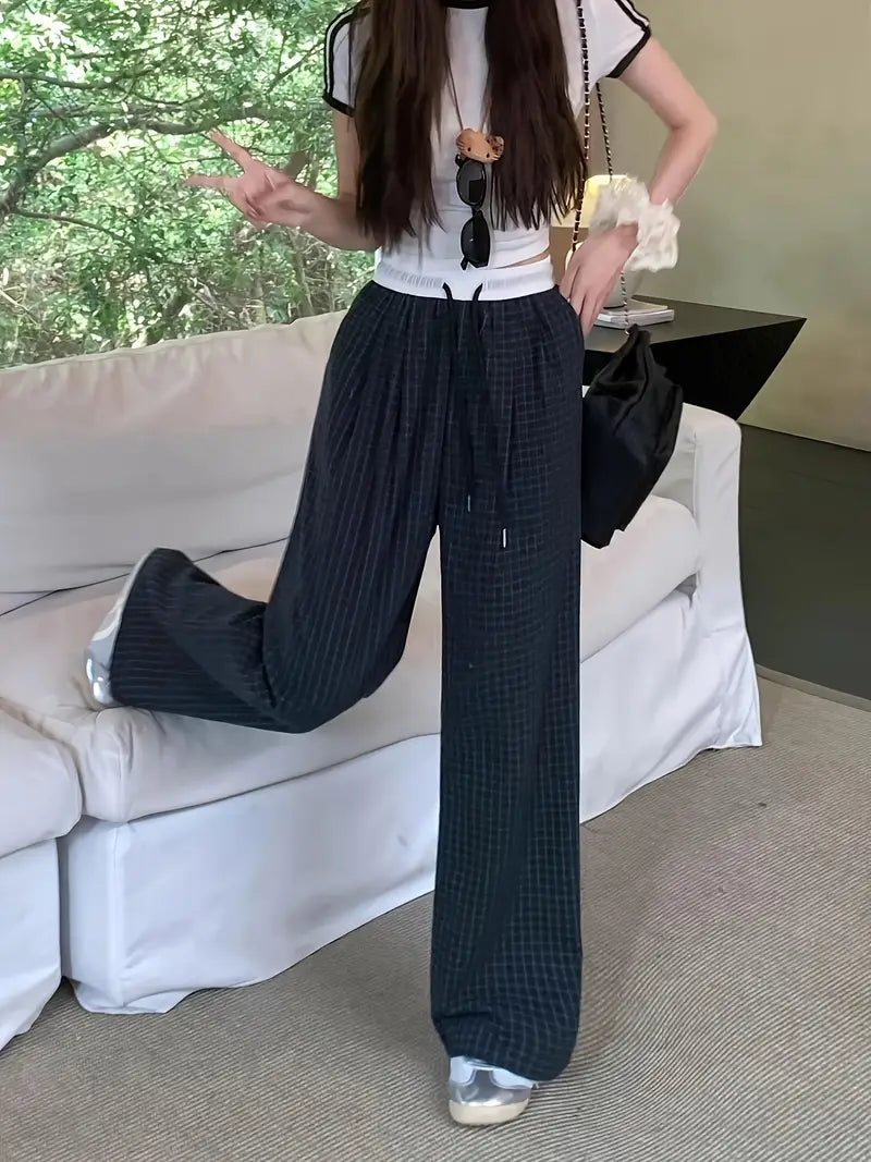 Women's Retro Checkerboard Casual Wide Leg Pants - High Waisted Loose Fit Lightweight Breathable Summer Trousers with Pockets, Straight Leg Geometric Pattern for Outdoor & Casual Attire, Relaxed Outfit, Vintage Aesthetic
