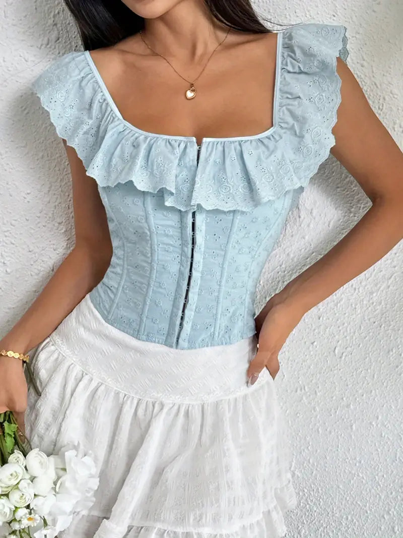 Women'S Off-Shoulder Ruffle Trim Sleeveless Top - Breathable Stretchy Summer Blouse with Eyelet Hook & Button Front, Adjustable Drawstring Back, Versatile Casual to Party Wear, Solid Color Short Length