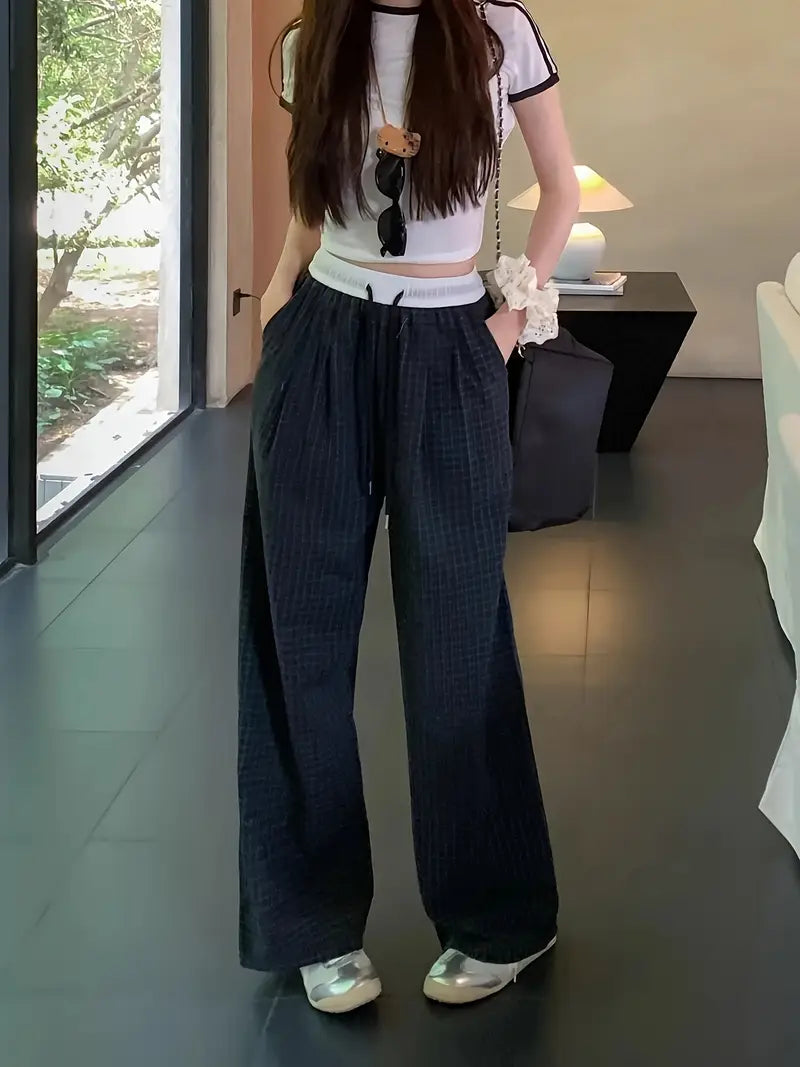 Women's Retro Checkerboard Casual Wide Leg Pants - High Waisted Loose Fit Lightweight Breathable Summer Trousers with Pockets, Straight Leg Geometric Pattern for Outdoor & Casual Attire, Relaxed Outfit, Vintage Aesthetic