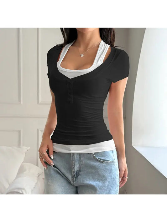 European and American Spice s Wind Fake Two-piece Suspender Short Sleeve T-Shirt Women's Spring and Summer