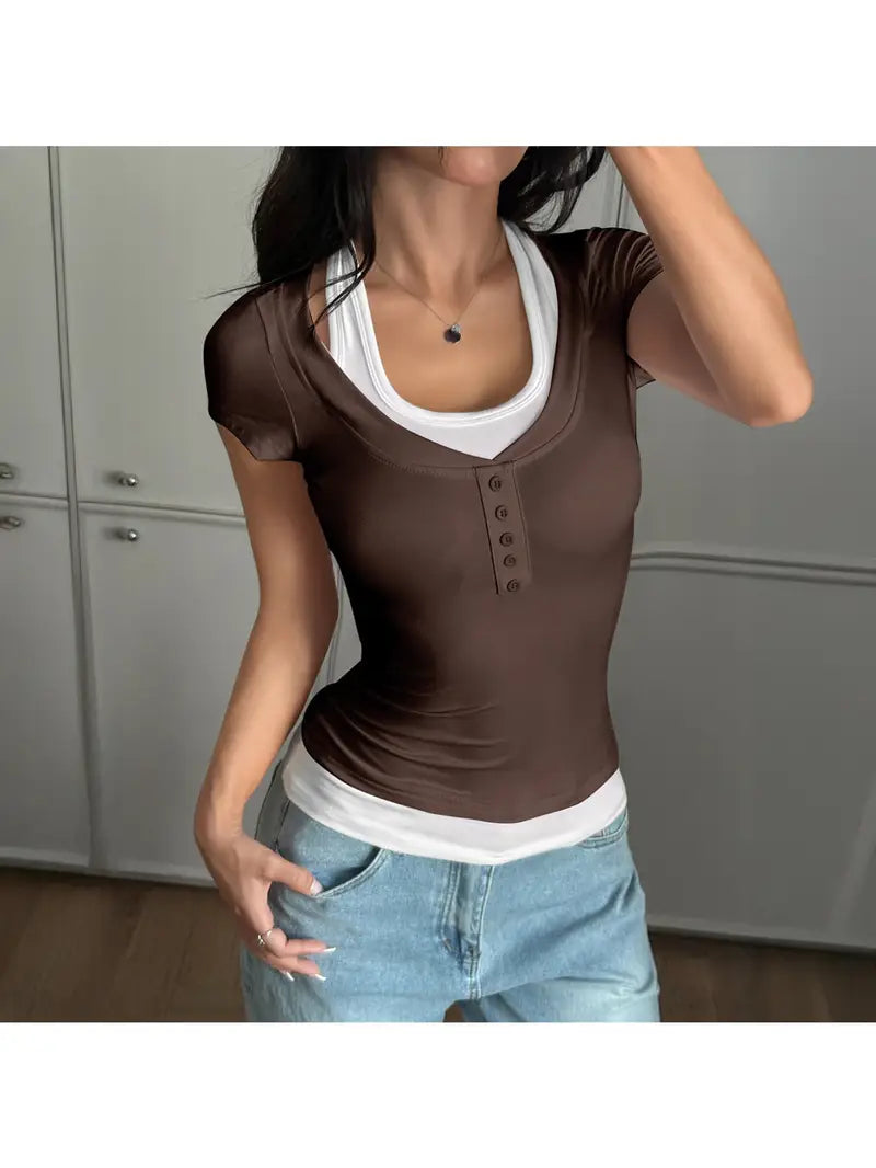 European and American Spice s Wind Fake Two-piece Suspender Short Sleeve T-Shirt Women's Spring and Summer