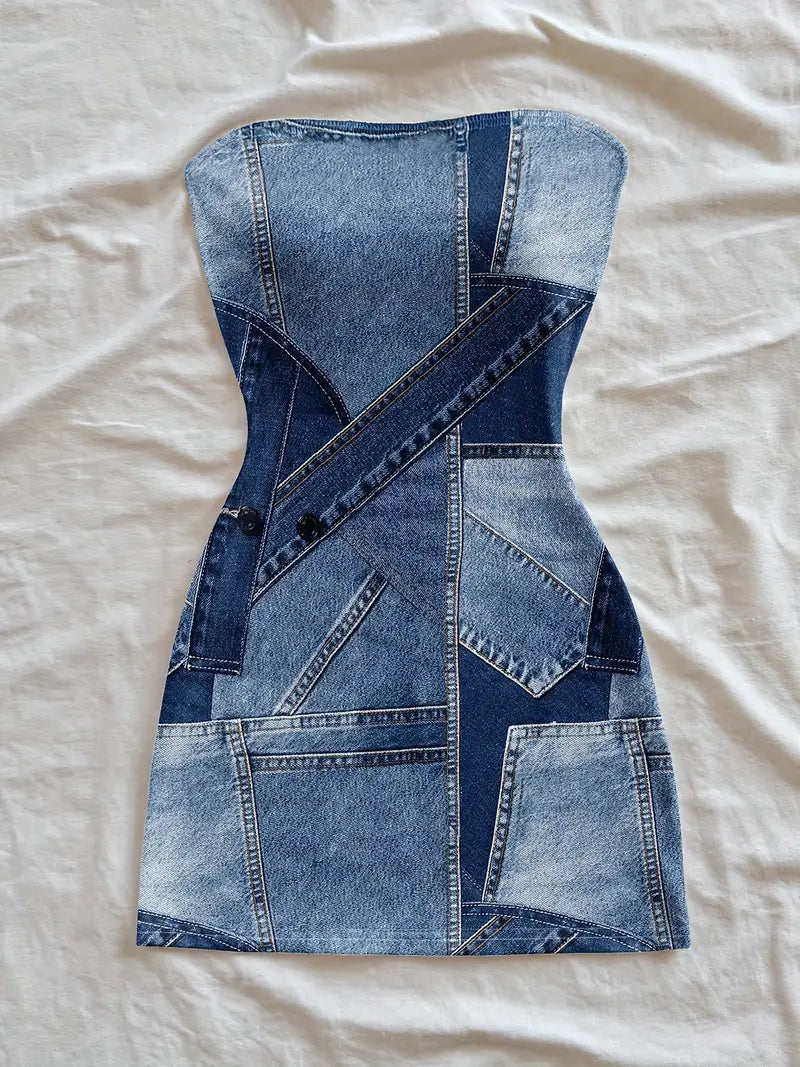 [Denim Print/Imitation Denim] Women's Mini Dress - Non-See-Through Imitation Denim Look, Machine Washable Party Outfit for Music Festivals, Night Outs, Western Events
