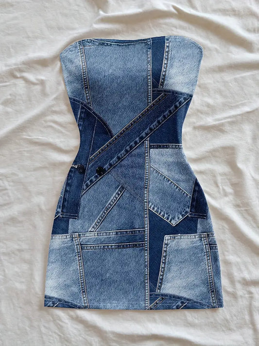 [Denim Print/Imitation Denim] Women's Mini Dress - Non-See-Through Imitation Denim Look, Machine Washable Party Outfit for Music Festivals, Night Outs, Western Events