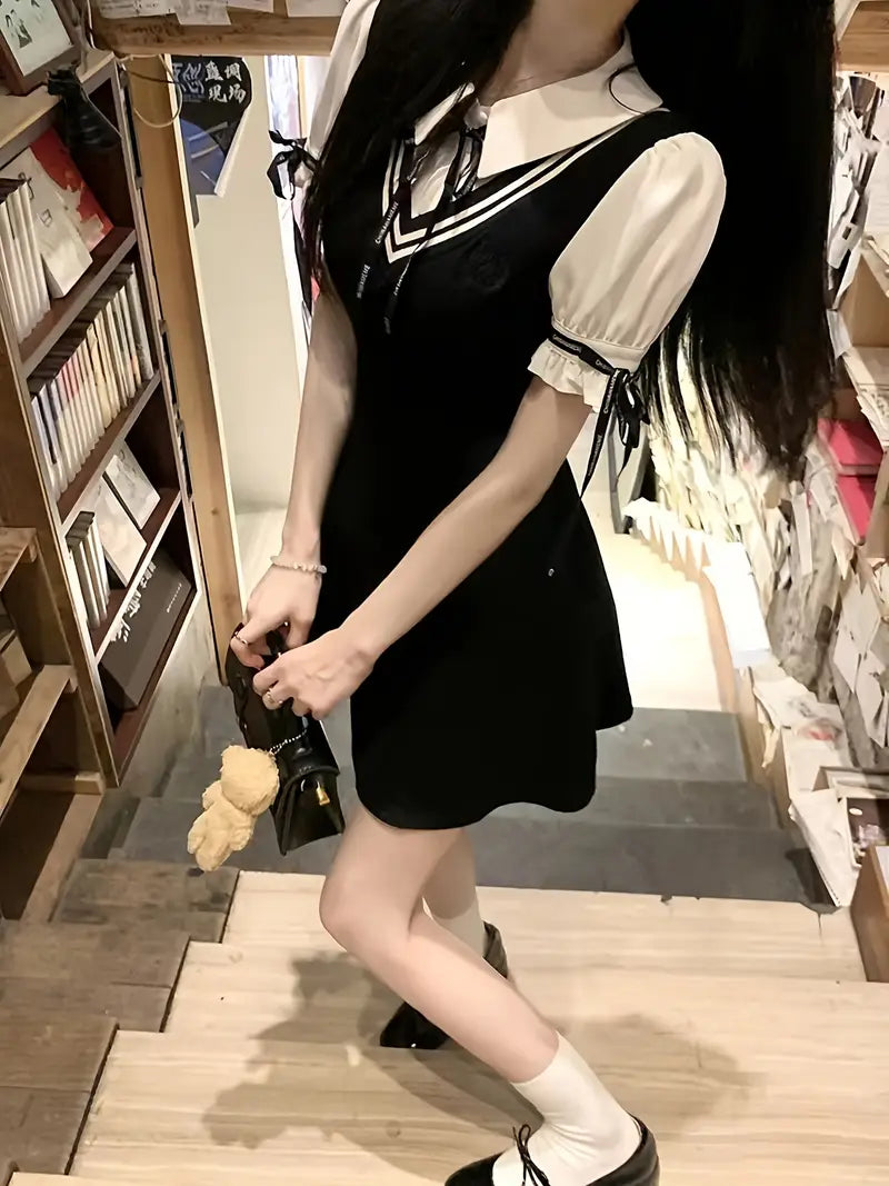 Women's One-Piece Fake Two-Piece dress - Preppy Chic with Adjustable Collar & Cuffs, Flattering A-Line Mini Skirt, Black & White colorblock Outfit for Office