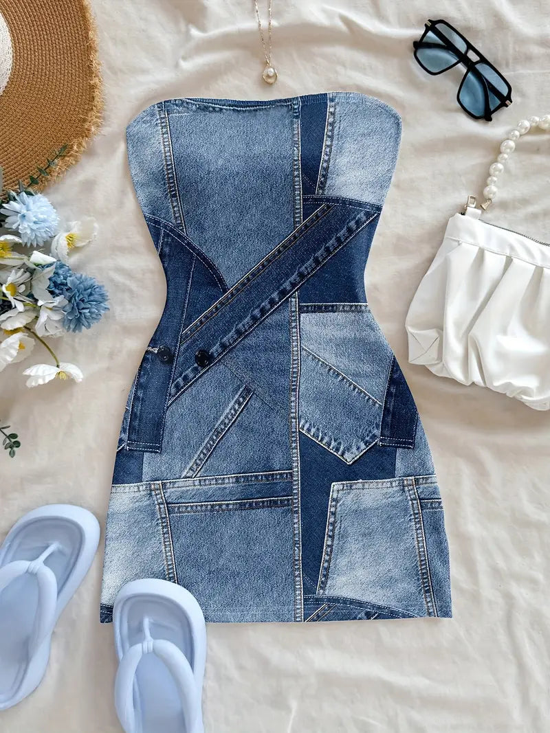 [Denim Print/Imitation Denim] Women's Mini Dress - Non-See-Through Imitation Denim Look, Machine Washable Party Outfit for Music Festivals, Night Outs, Western Events