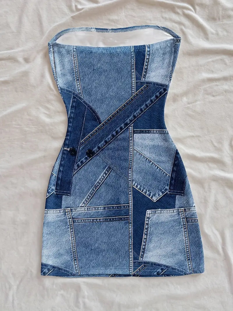 [Denim Print/Imitation Denim] Women's Mini Dress - Non-See-Through Imitation Denim Look, Machine Washable Party Outfit for Music Festivals, Night Outs, Western Events