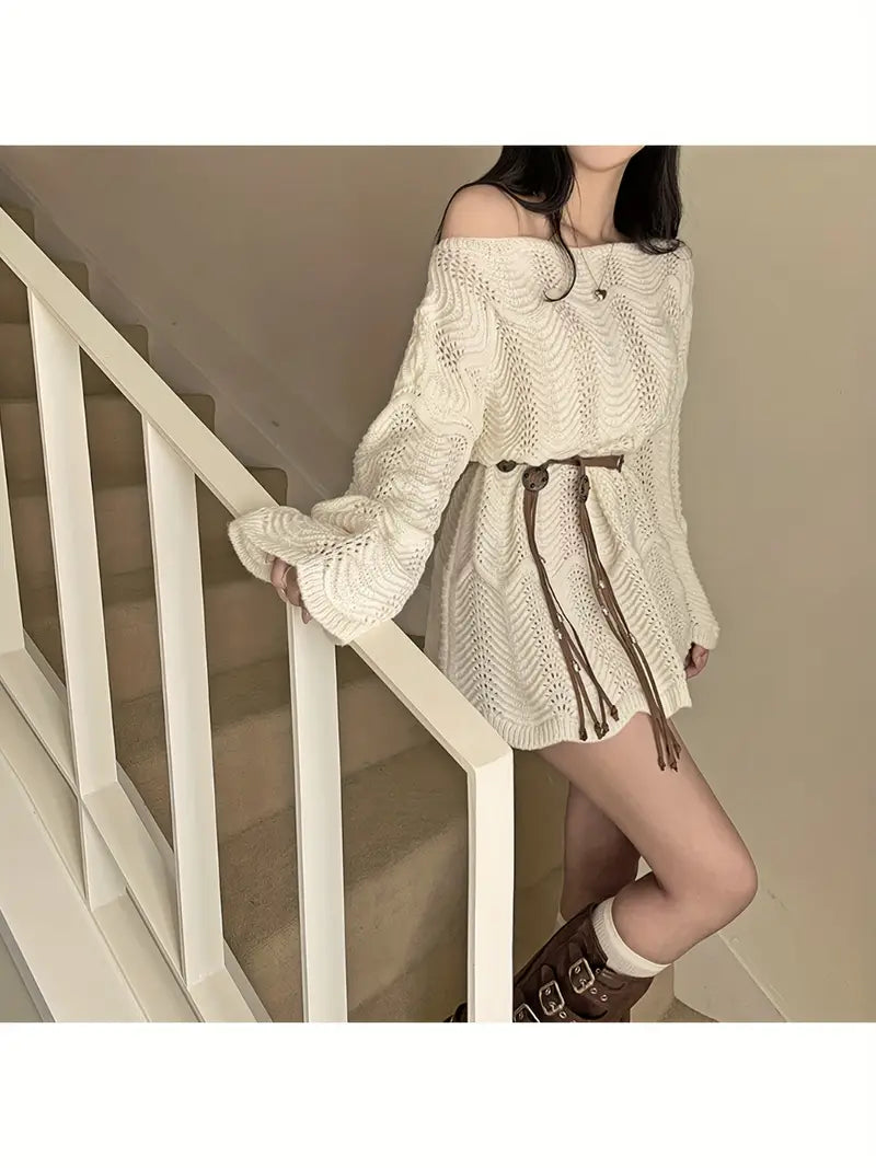 Asymmetrical Shoulder Design Dress with Belt, Loose Fit Versatile Skirt for Women